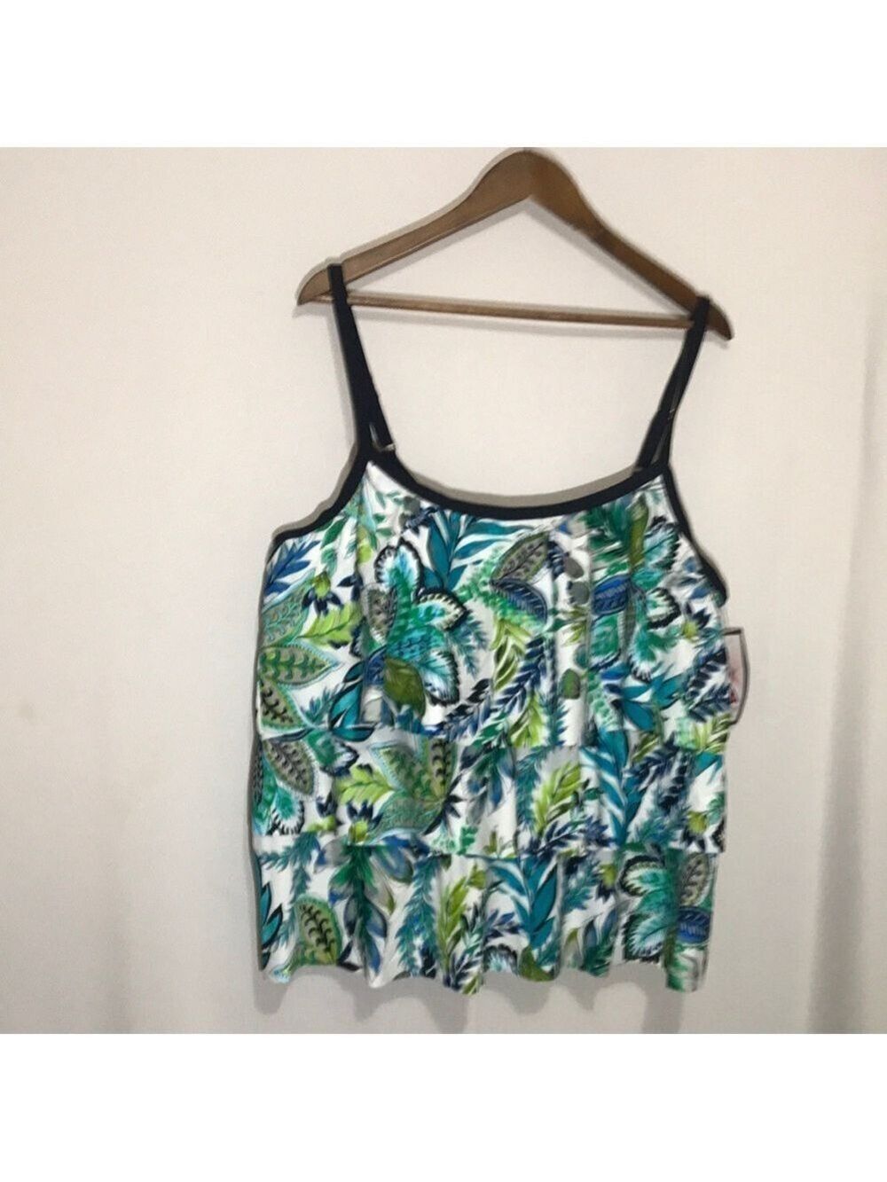 Maxine of Hollywood -Leaf Print Tiered Tankini Swim Top - Teal & Green 24W